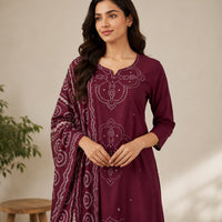 Wine Bandhani Printed Cotton 3 Piece Set