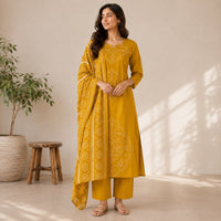 Yellow Bandhani Printed Cotton 3 Piece Set