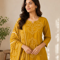 Yellow Bandhani Printed Cotton 3 Piece Set