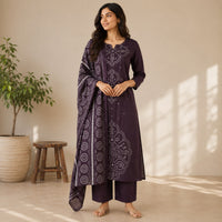Purple Bandhani Printed Cotton 3 Piece Set