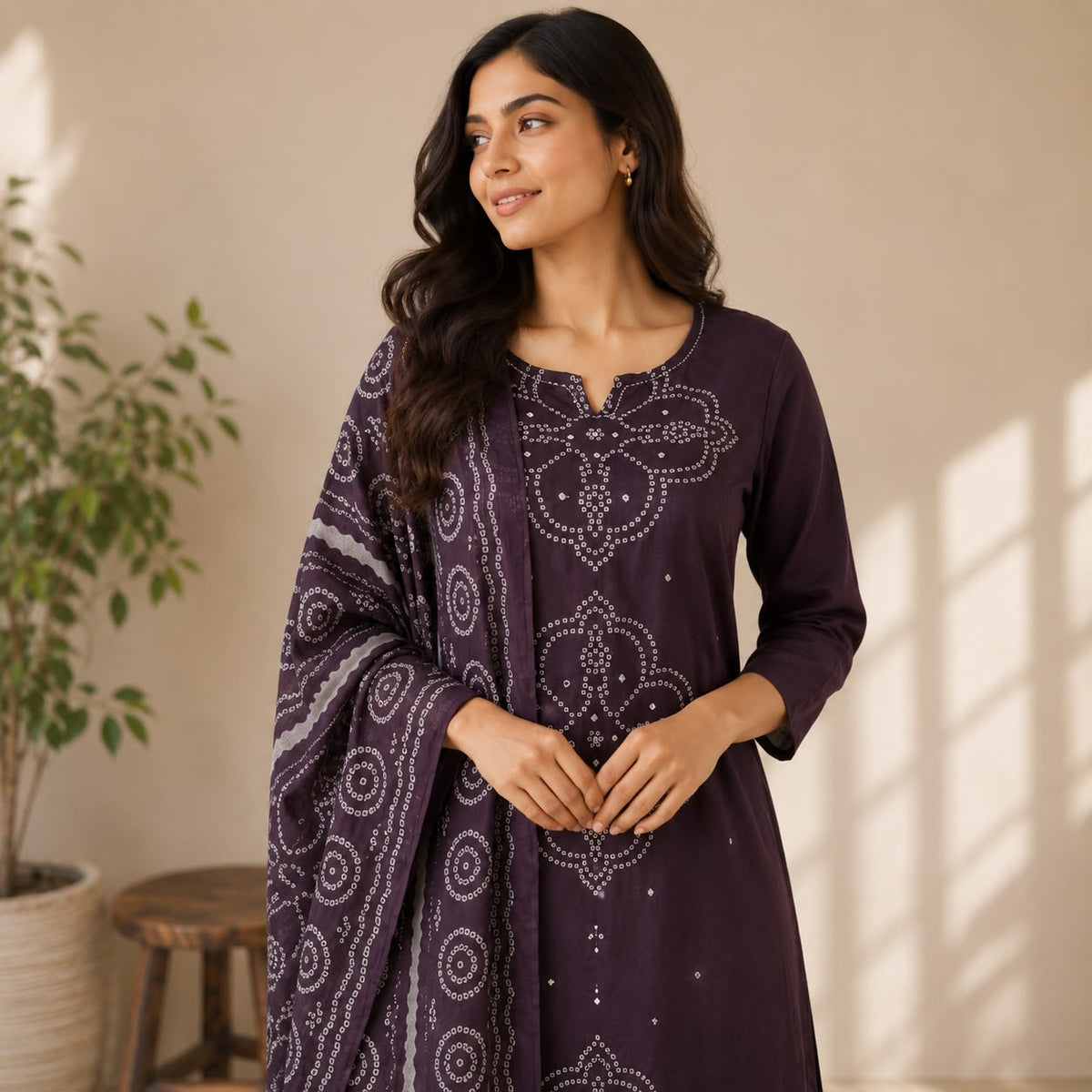 Purple Bandhani Printed Cotton 3 Piece Set