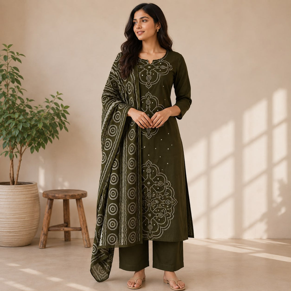 Olive Green Bandhani Printed Cotton 3 Piece Set