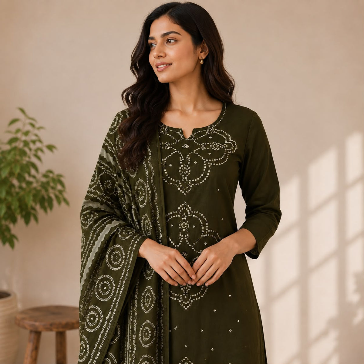 Olive Green Bandhani Printed Cotton 3 Piece Set