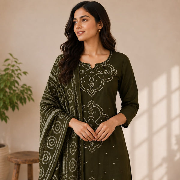 Olive Green Bandhani Printed Cotton 3 Piece Set