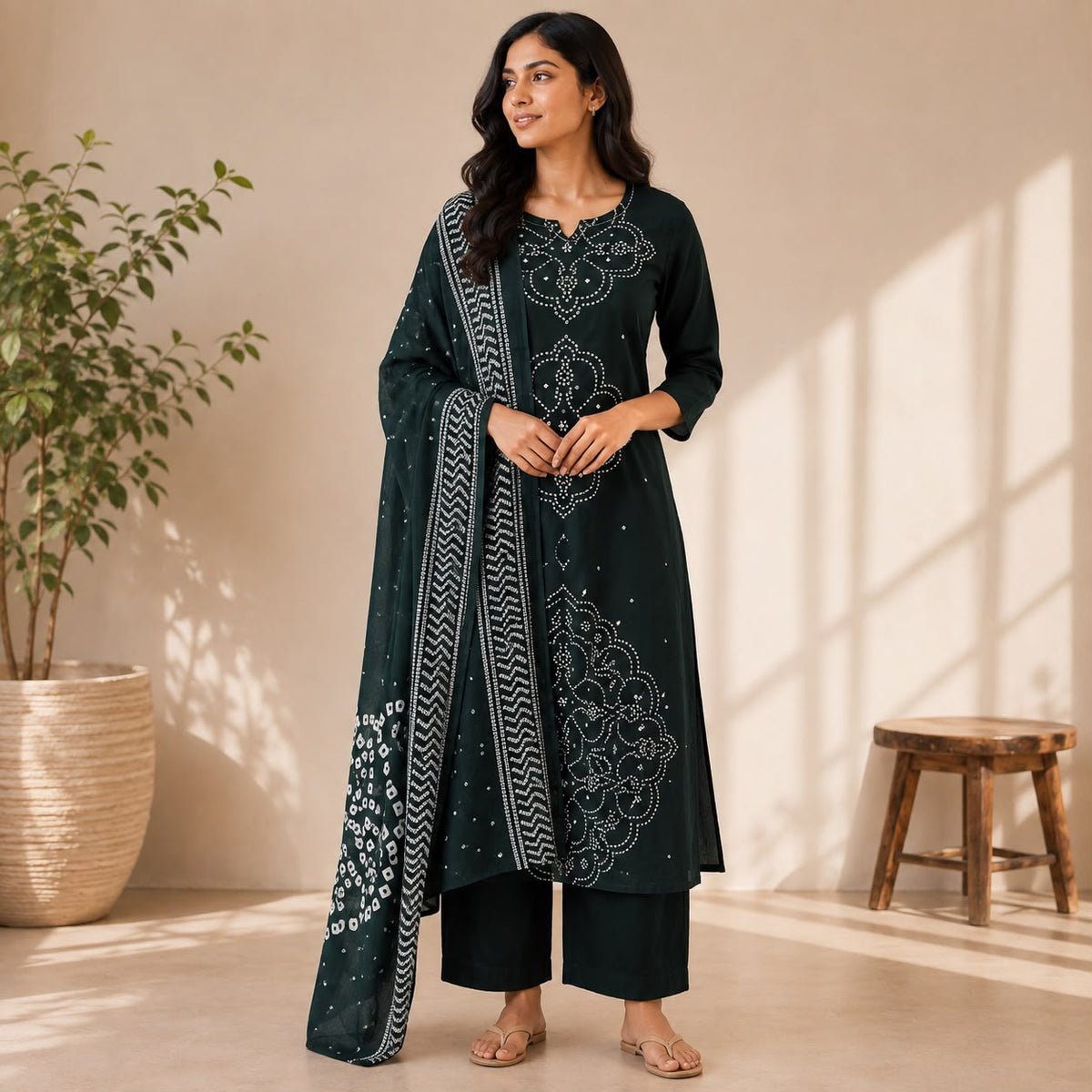 Green Bandhani Printed Cotton 3 Piece Set