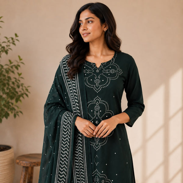 Green Bandhani Printed Cotton 3 Piece Set