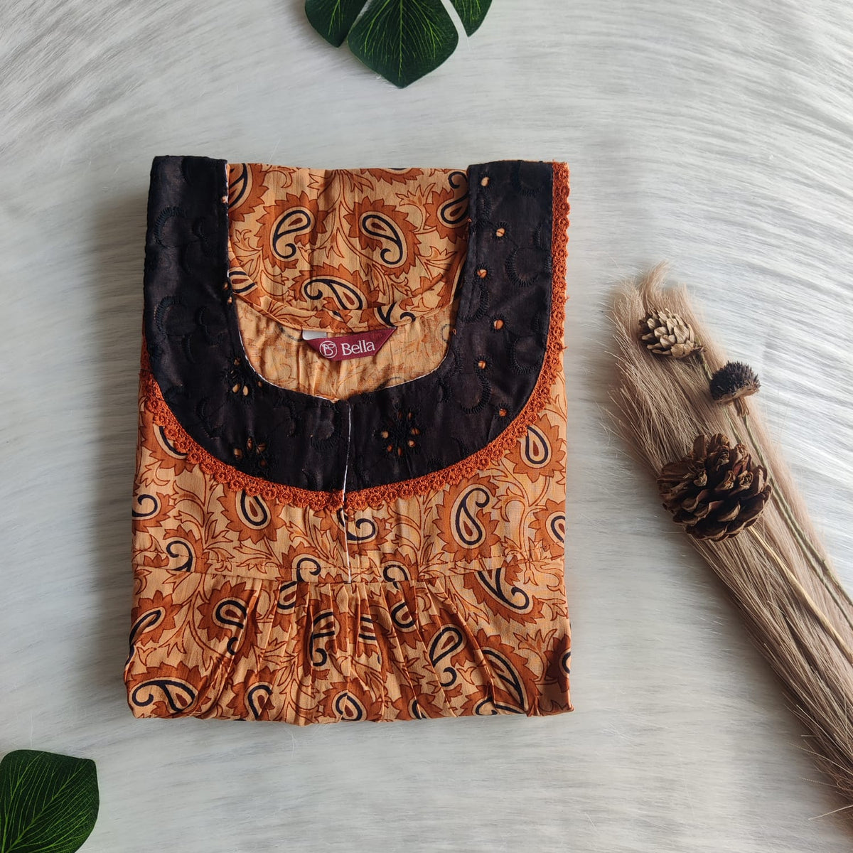 Brown Kalamkari Printed Premium Cotton Hakoba Lace Nighty | Free Size | Chest Width 44″| Length 54″-56″