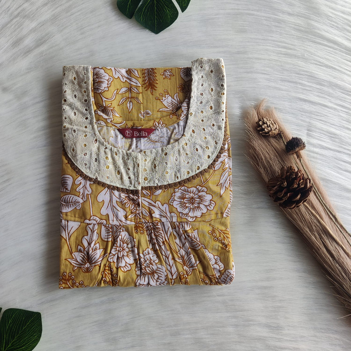 White Floral Printed Yellow Premium Cotton Hakoba Lace Nighty | Free Size | Chest Width 44″| Length 54″-56″