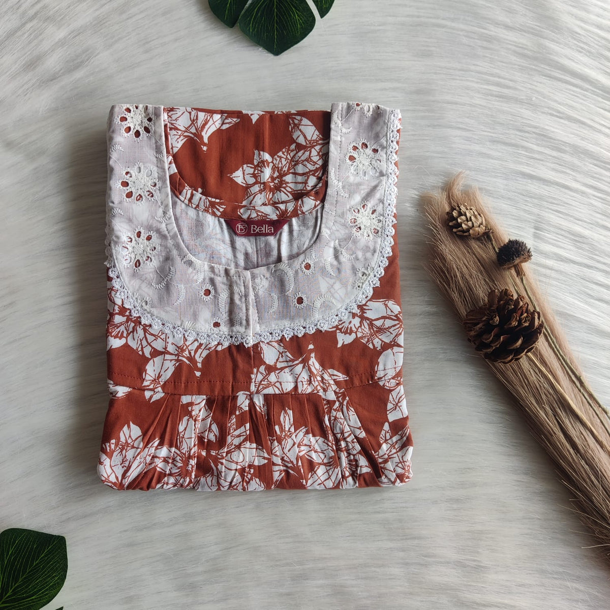 White Floral Printed Brown Premium Cotton Hakoba Lace Nighty | Free Size | Chest Width 44″| Length 54″-56″