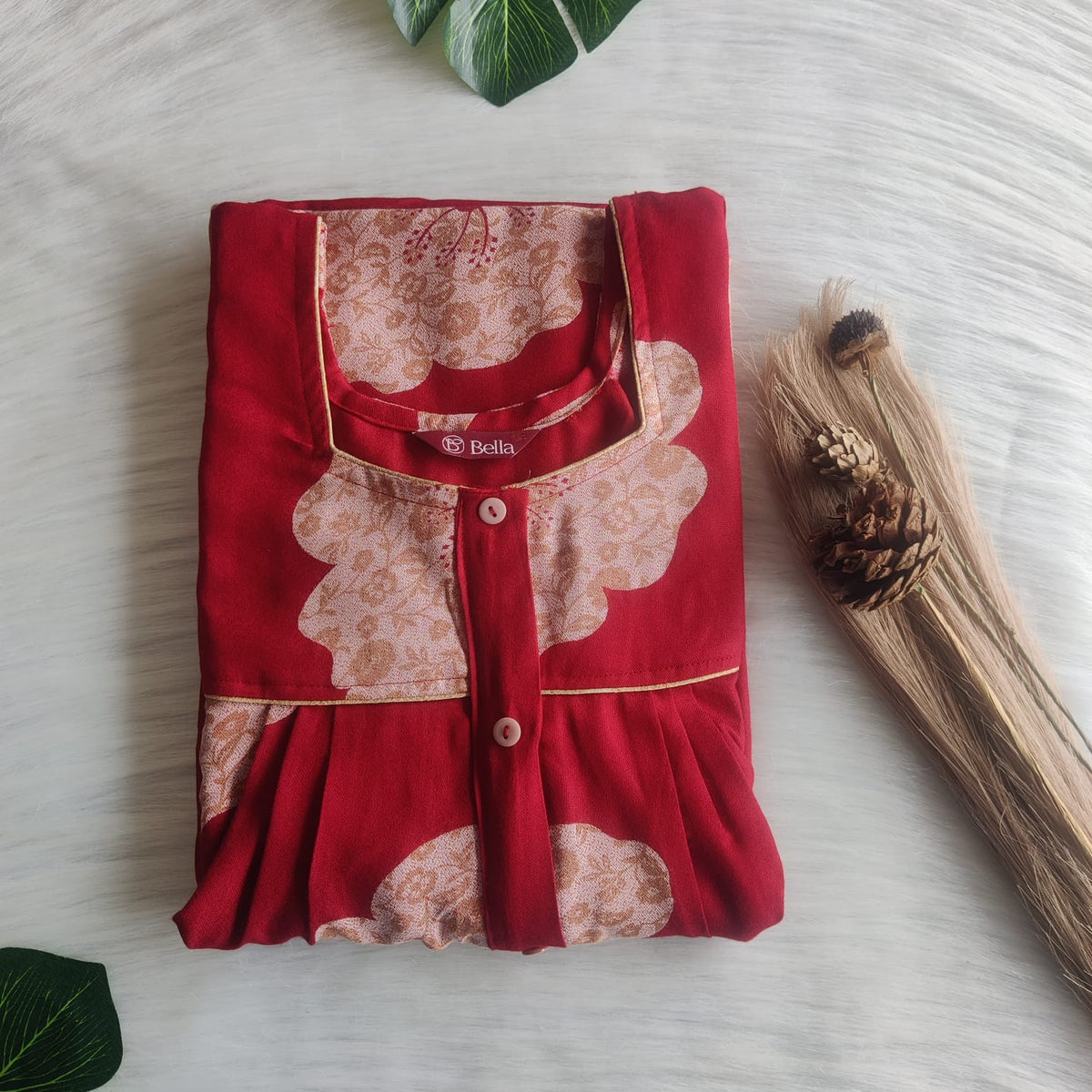 Cream Floral Printed Red Alpine Plus Size Button Zip Nighty | Chest Width 50″| Length 54″