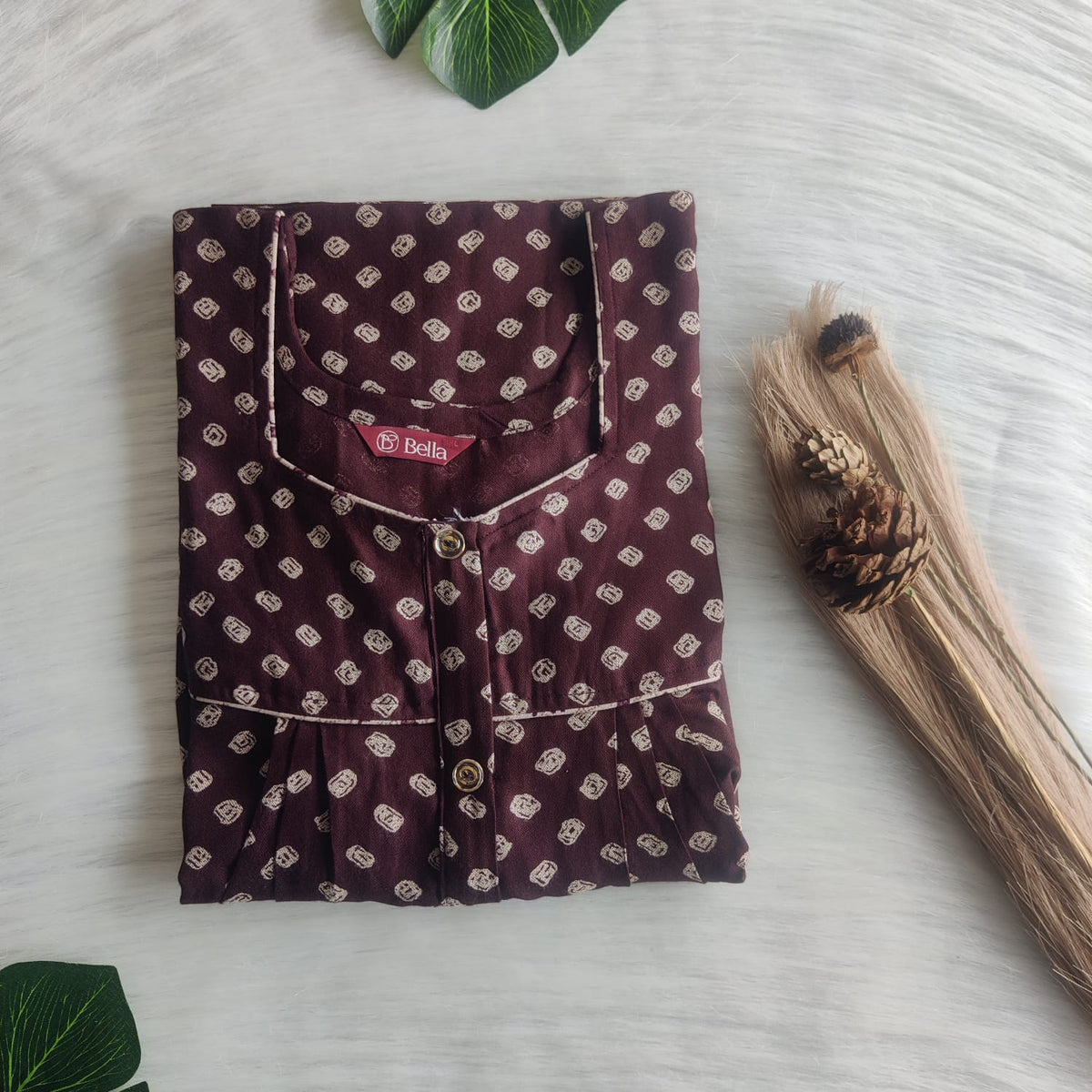 Coffee Brown Bandhani Printed Alfine Button Zip Nighty | Free Size | Chest Width 44″| Length 54″-56″