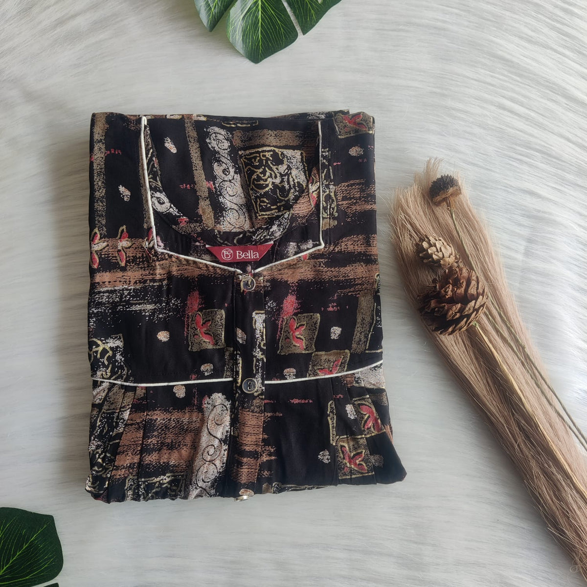 Black And Brown Printed Rayon Button Zip Nighty | Free Size | Chest Width 44″| Length 55″-56″