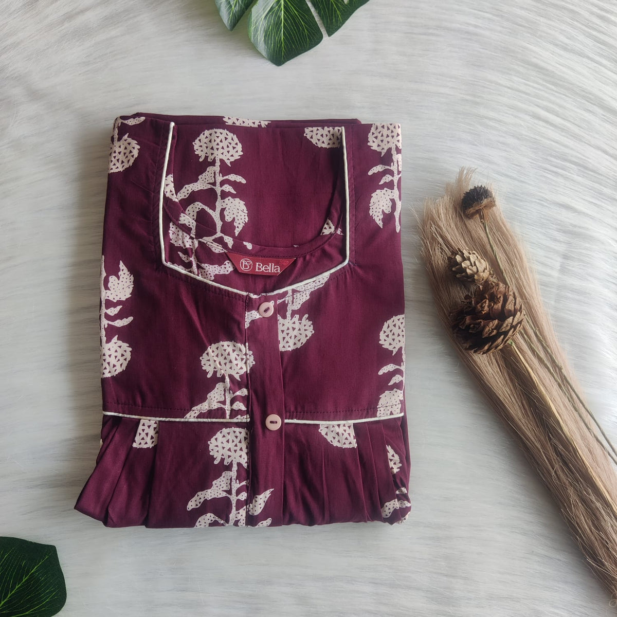 Cream Floral Printed Wine Pure Cotton Button Zip Nighty | Free Size | Chest Width 44″| Length 55″-56″