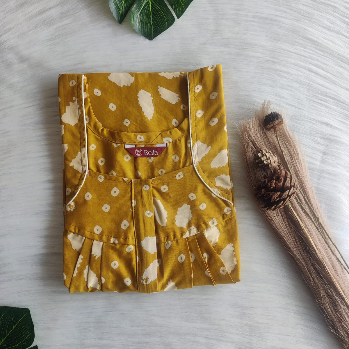 Mustard Yellow Printed Pure Cotton Pleated Zip Nighty | Free Size | Chest Width 44″| Length 54″-55″