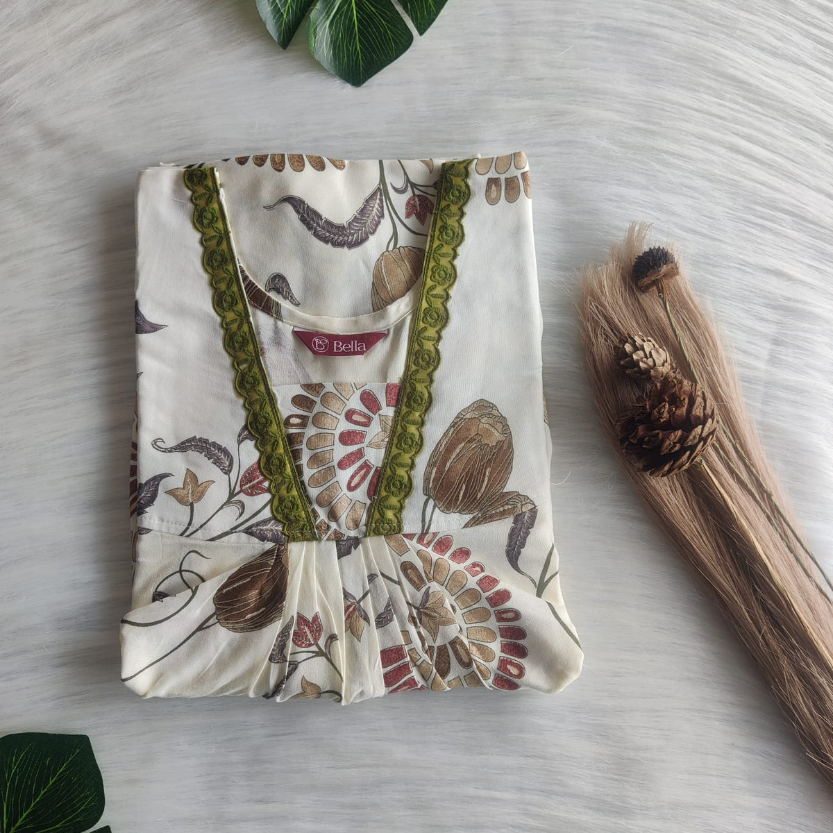 Brown Floral Printed Ivory Rayon V-Neck Lace Pleated Nighty | No Zip | Free Size | Chest Width 44″| Length 56″