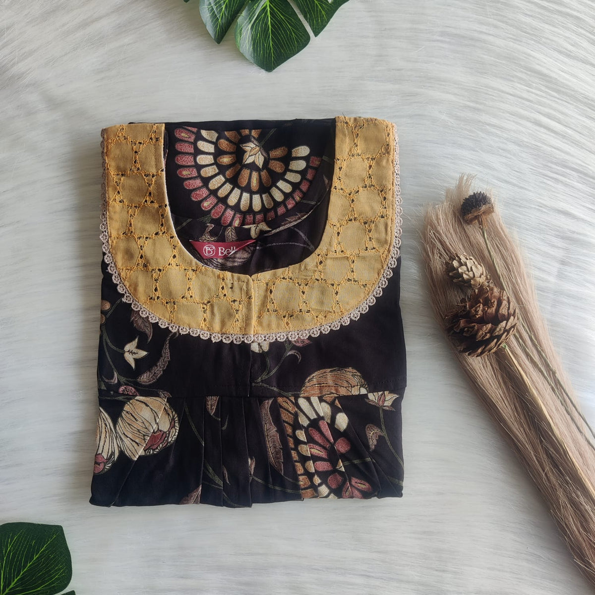 Cream Floral Printed Black Rayon Hakoba Lace Nighty | Free Size | Chest Width 44″| Length 54″-56″