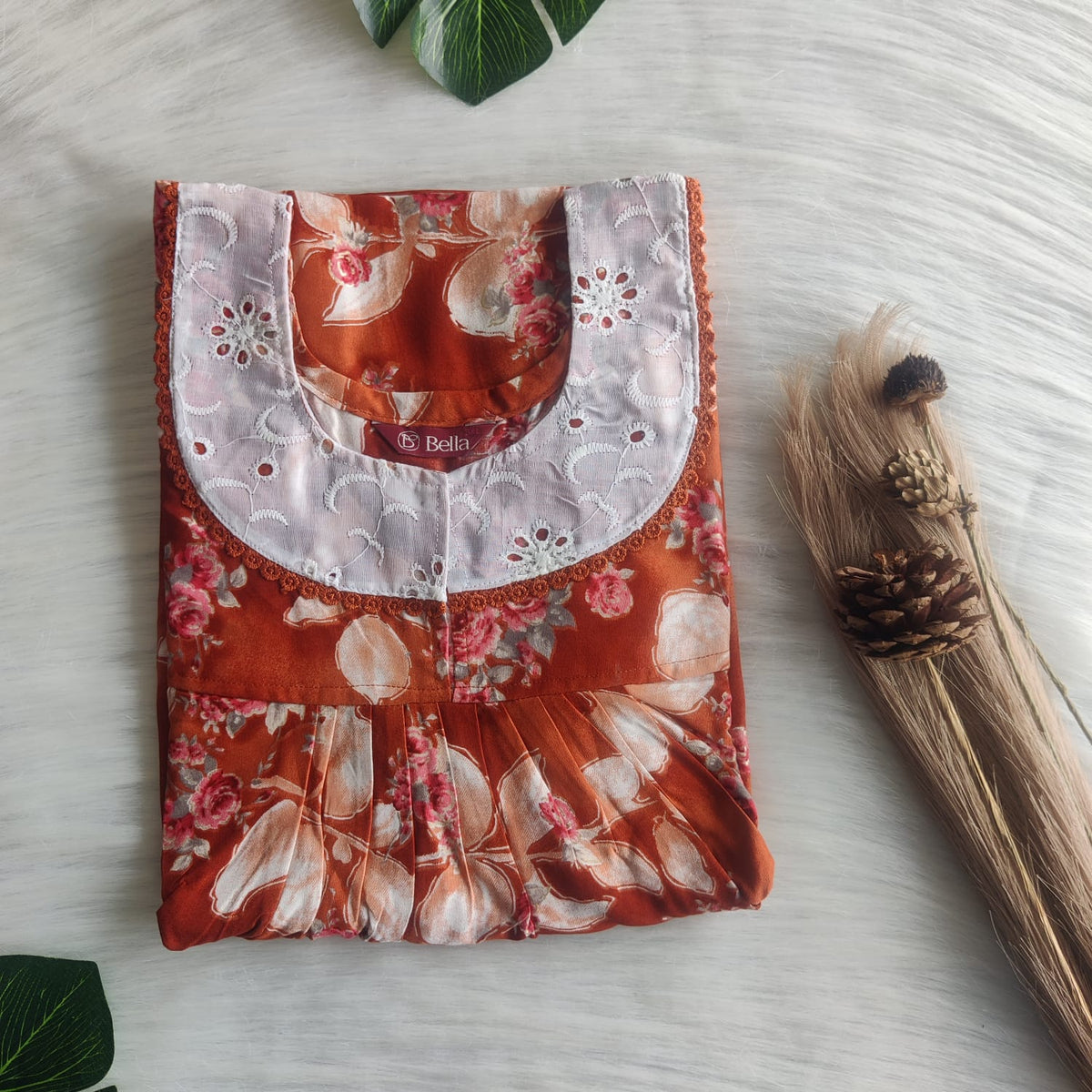 Rust Brown Floral Printed Rayon Hakoba Lace Nighty | Free Size | Chest Width 44″| Length 54″-56″