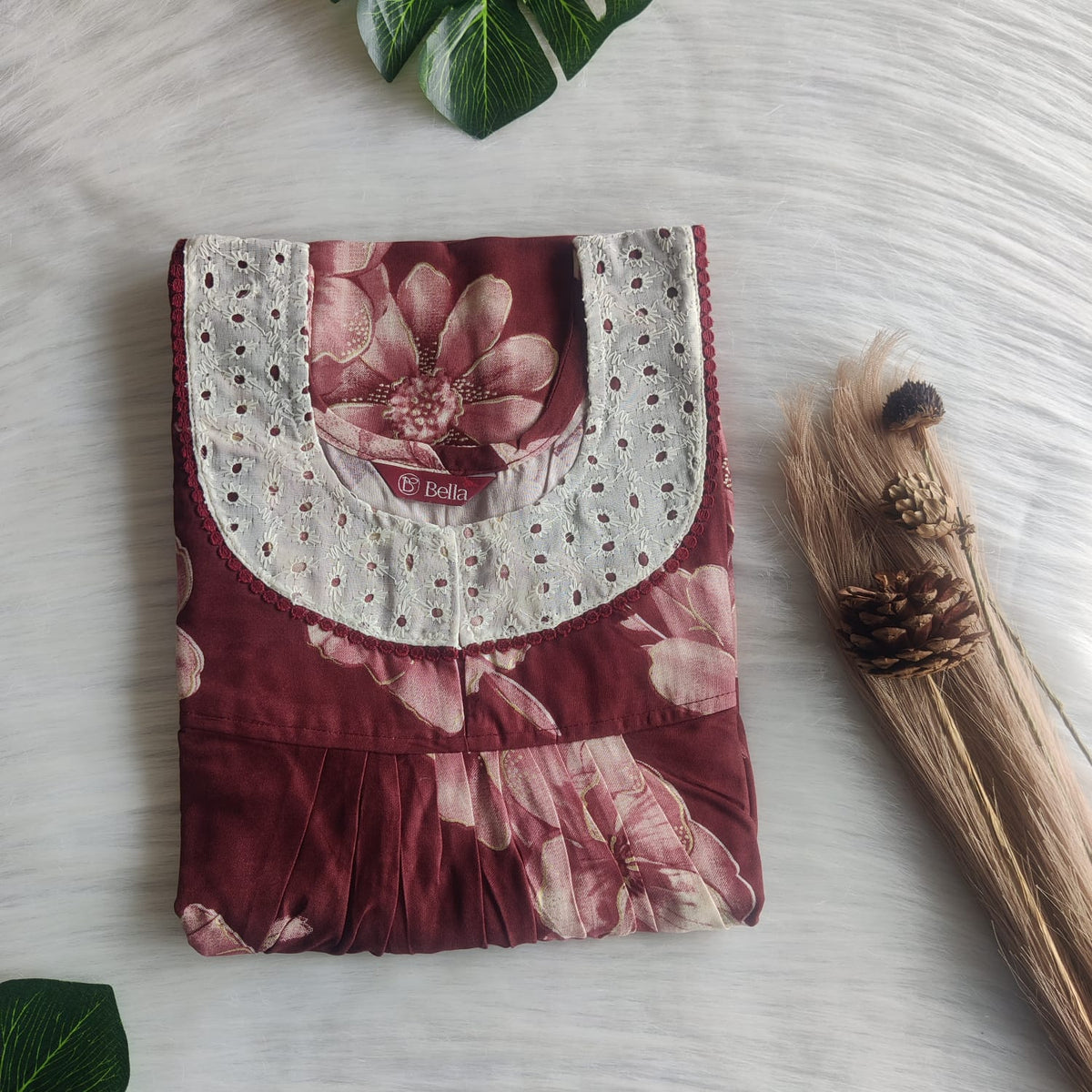 Brown Floral Printed Rayon Hakoba Lace Nighty | Free Size | Chest Width 44″| Length 54″-56″