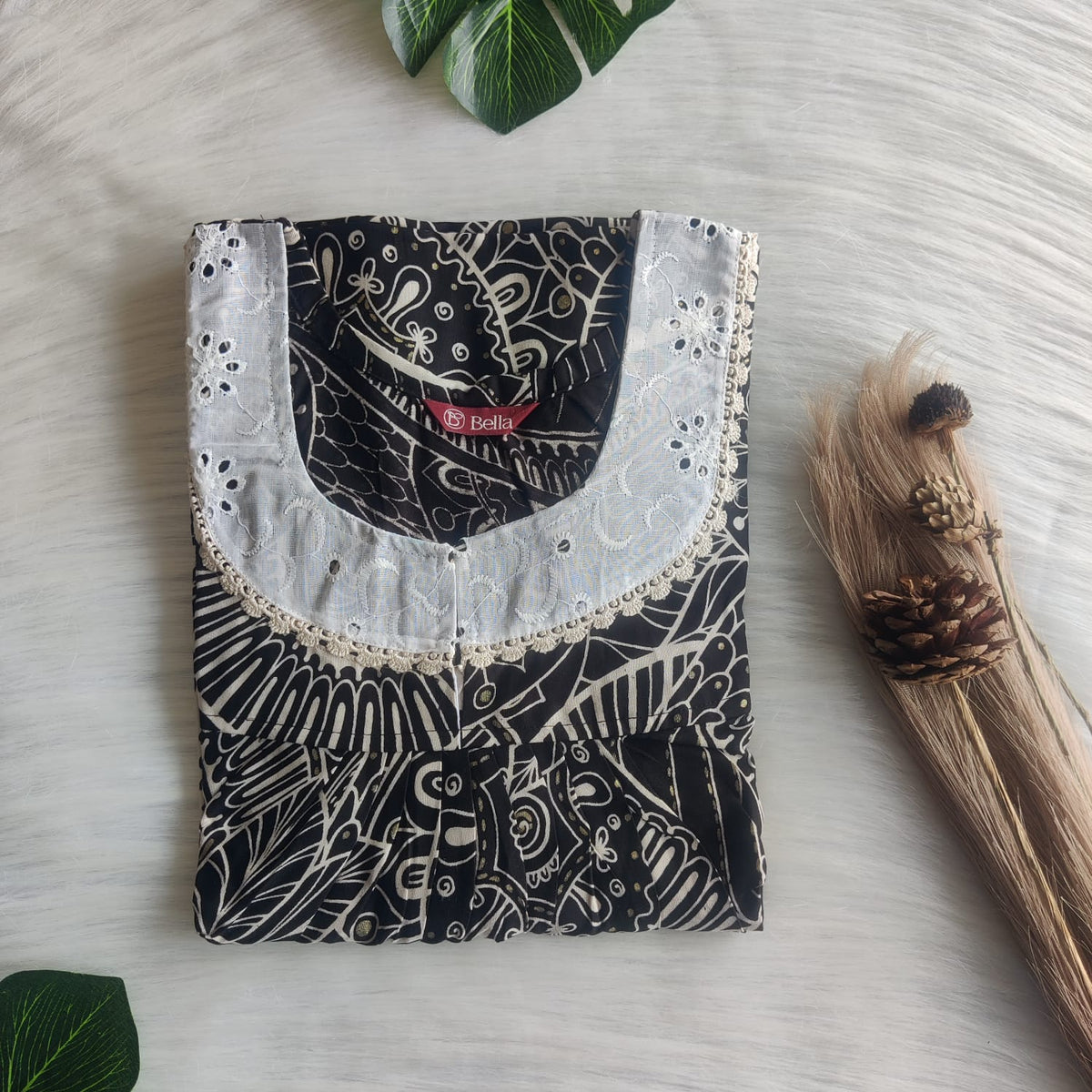 Cream Printed Black Rayon Hakoba Lace Nighty | Free Size | Chest Width 44″| Length 54″-56″