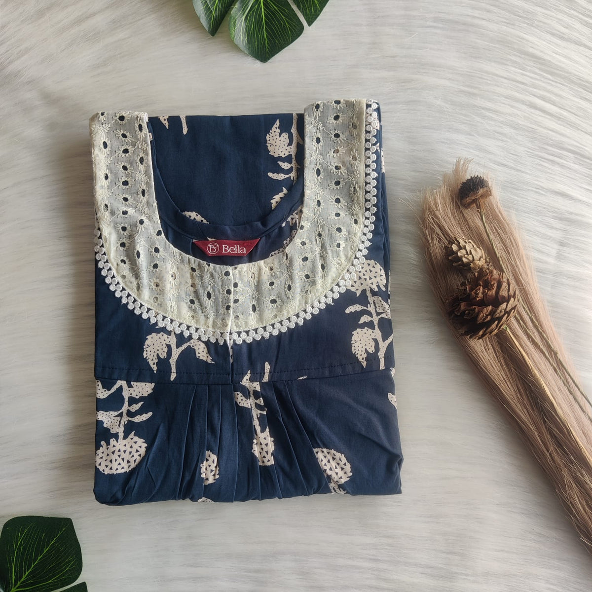 Cream Floral Printed Teal Blue Pure Cotton Hakoba Lace Nighty | Free Size | Chest Width 44″| Length 54″-56″