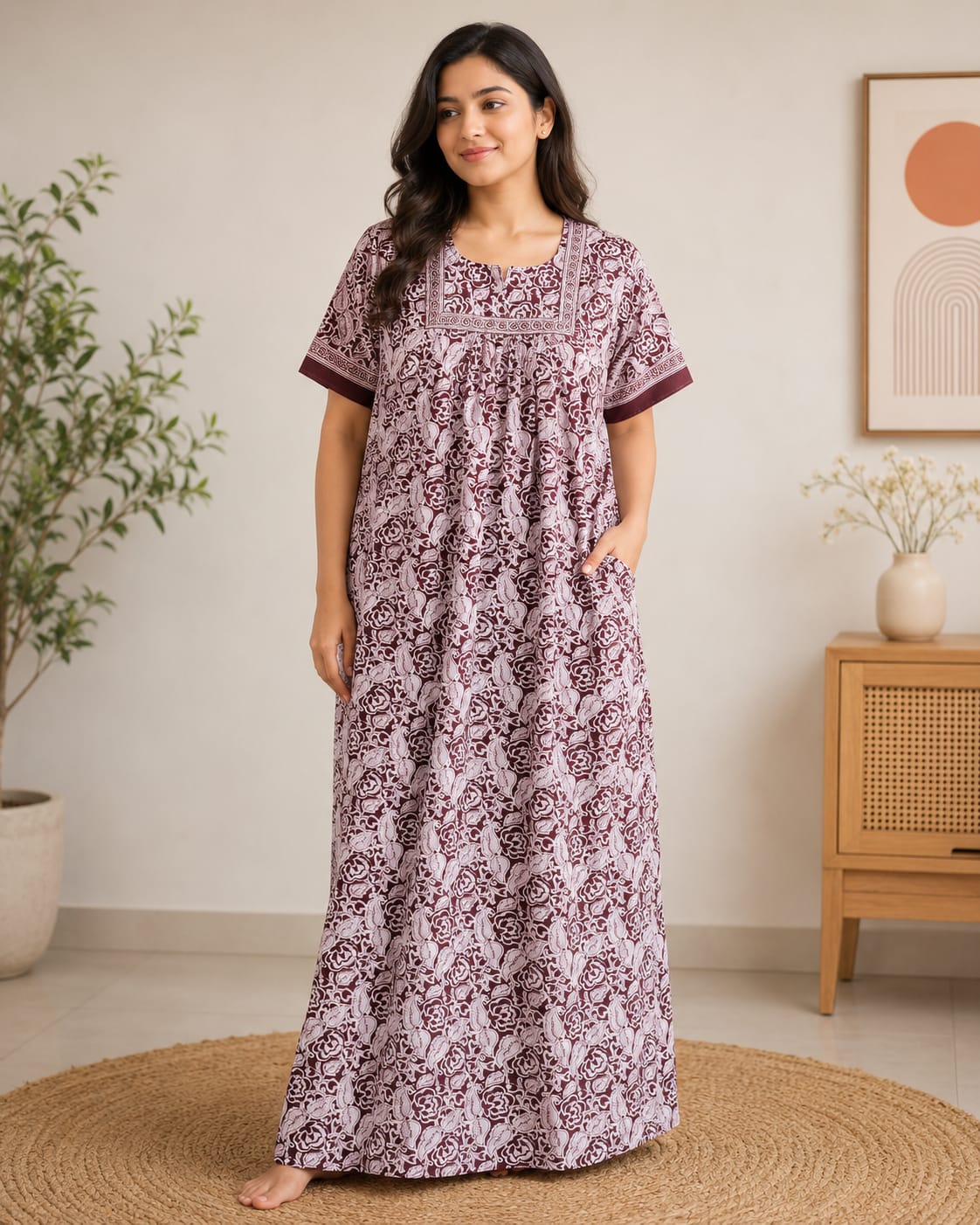 White Floral Printed Coffee Brown Jaipur Cotton No Zip Pleated Nighty | Free Size | Chest Width 44″| Length 56″