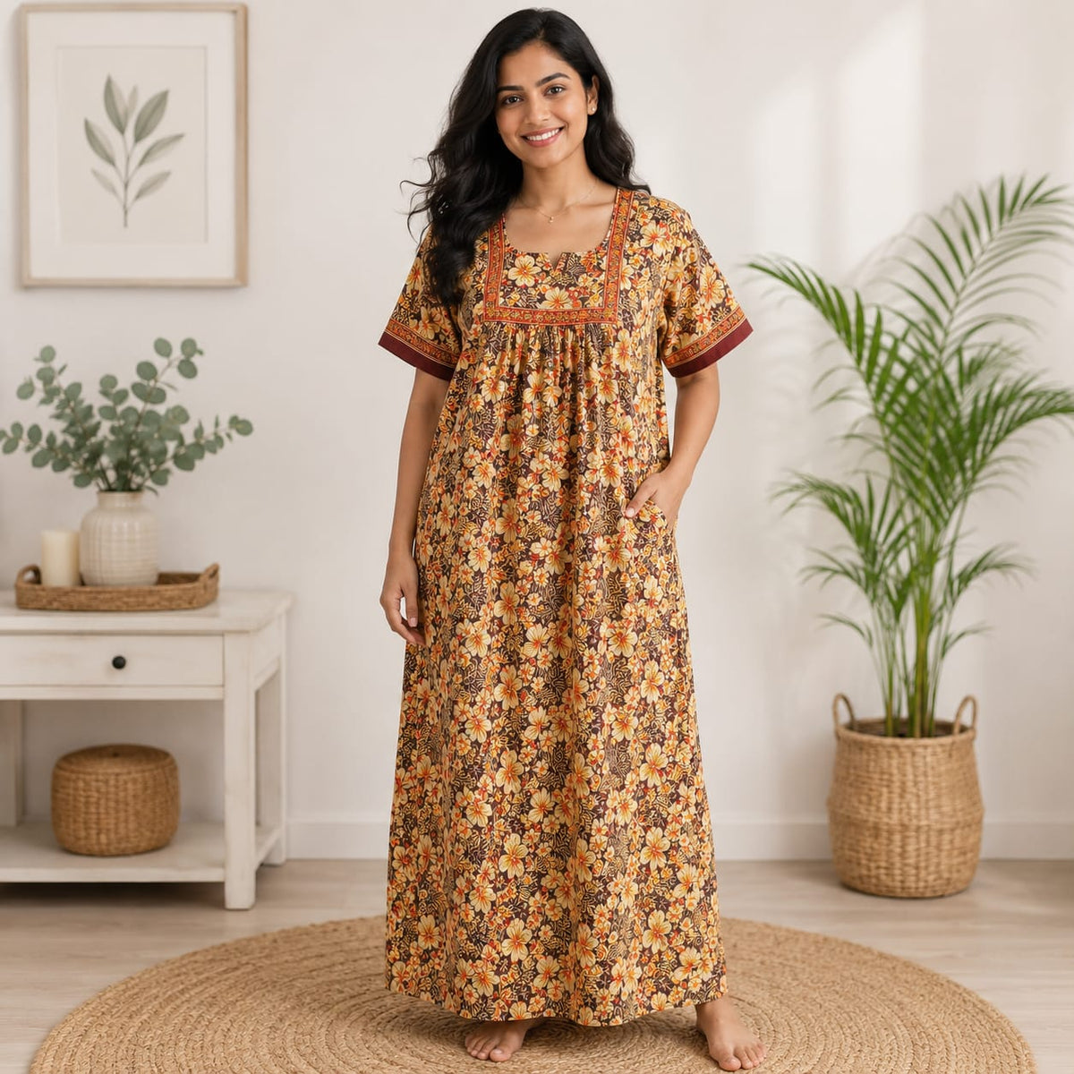Yellow Floral Printed Brown Jaipur Cotton No Zip Pleated Nighty | Free Size | Chest Width 44″| Length 56″