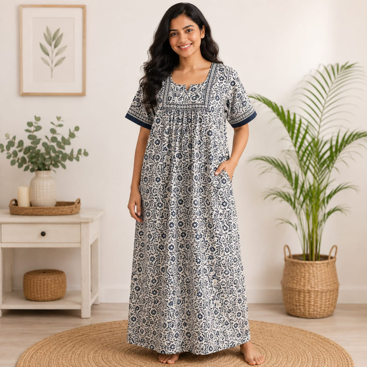 White Floral Printed Blue Jaipur Cotton No Zip Pleated Nighty | Free Size | Chest Width 44″| Length 56″
