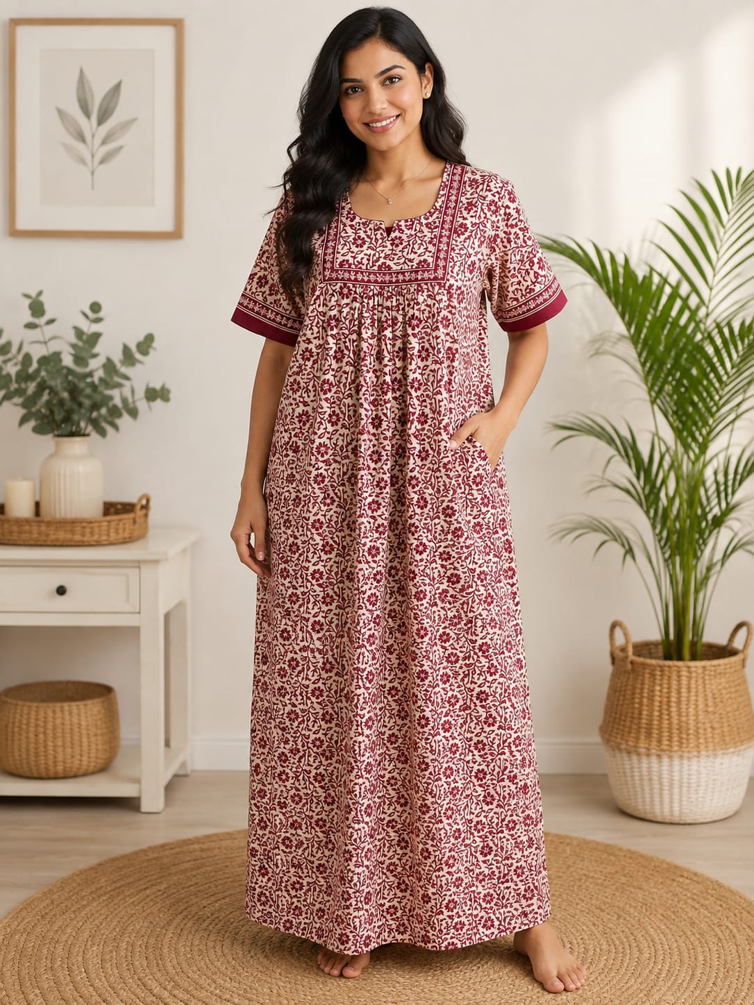 Maroon Floral Printed Jaipur Cotton No Zip Pleated Nighty | Free Size | Chest Width 44″| Length 56″