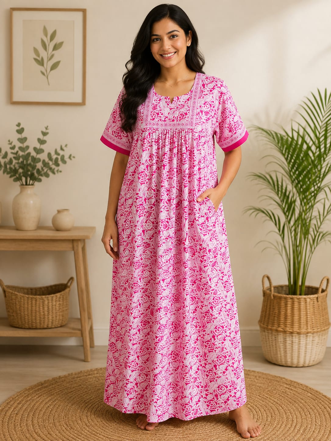 Pink Floral Printed Jaipur Cotton No Zip Pleated Nighty | Free Size | Chest Width 44″| Length 56″