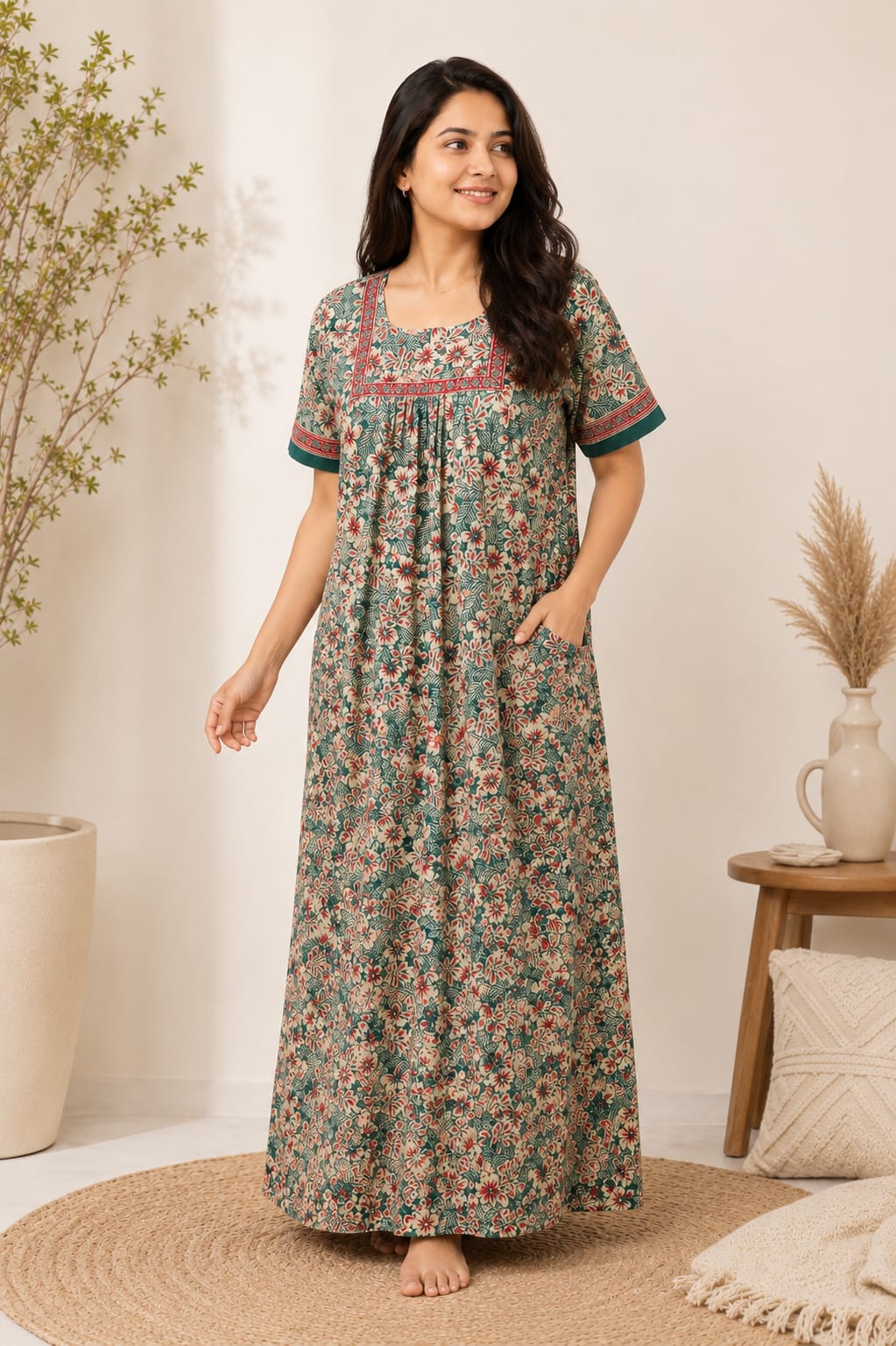 Yellow Floral Printed Green Jaipur Cotton No Zip Pleated Nighty | Free Size | Chest Width 44″| Length 56″