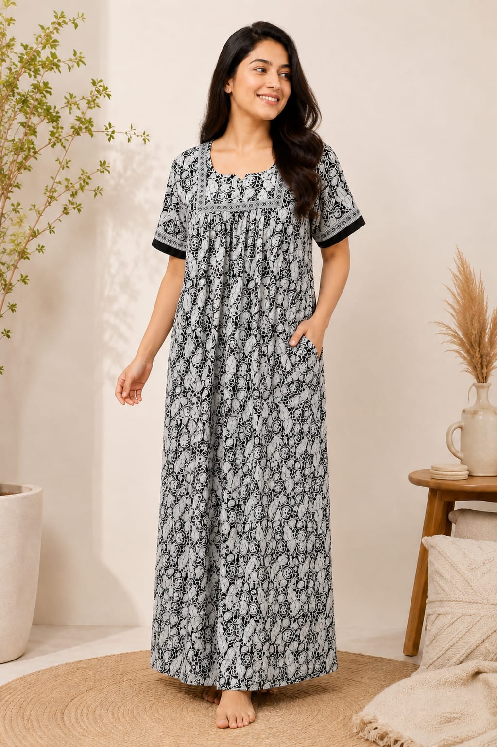 White Floral Printed Black Jaipur Cotton No Zip Pleated Nighty | Free Size | Chest Width 44″| Length 56″