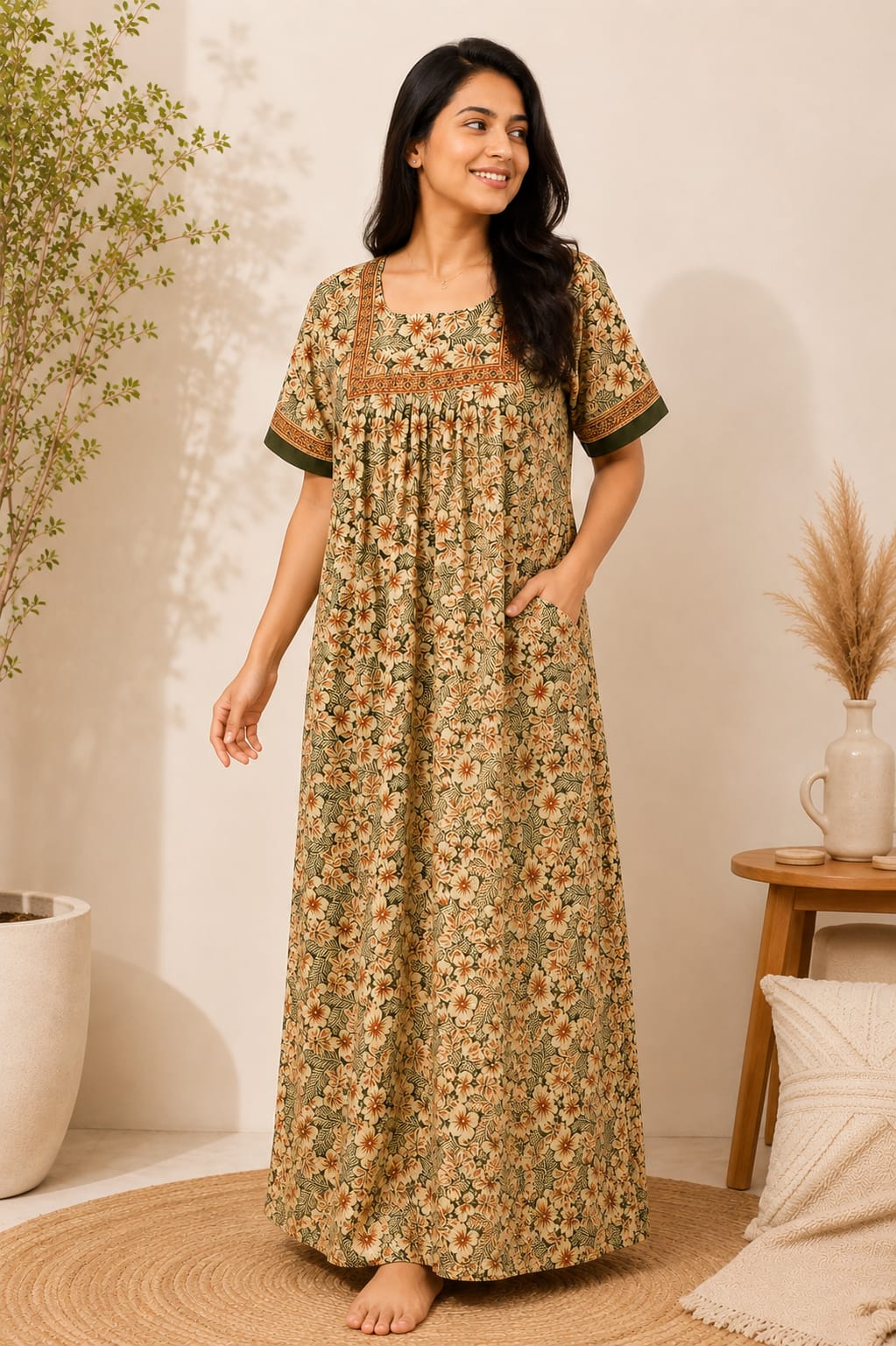 Yellow Floral Printed Olive Jaipur Cotton No Zip Pleated Nighty | Free Size | Chest Width 44″| Length 56″
