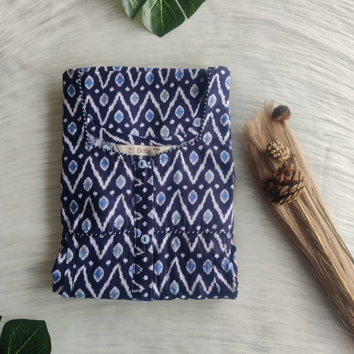 Navy Blue Ikat Printed Premium Cotton Plus Size Button Zip Nighty | Chest Width 50″| Length 55″-56″