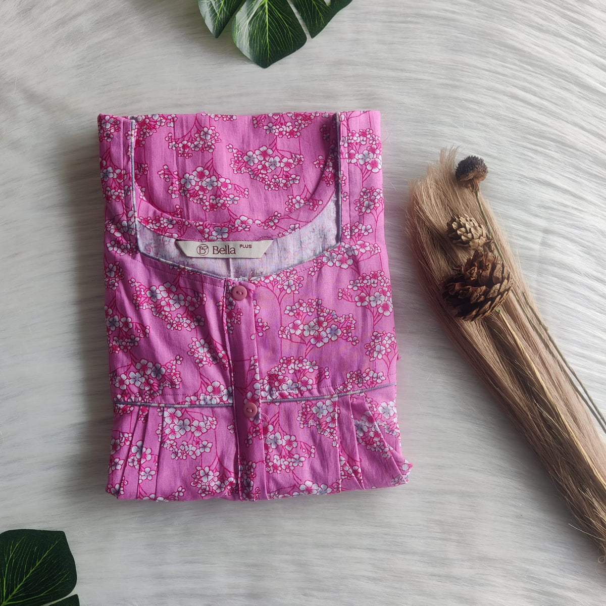 Pink Floral Printed Premium Cotton Plus Size Button Zip Nighty | Chest Width 50″| Length 55″-56″