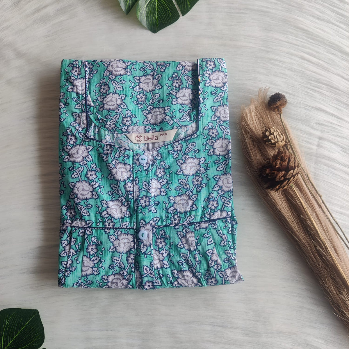 White Floral Printed Green Premium Cotton Plus Size Button Zip Nighty | Chest Width 50″| Length 55″-56″