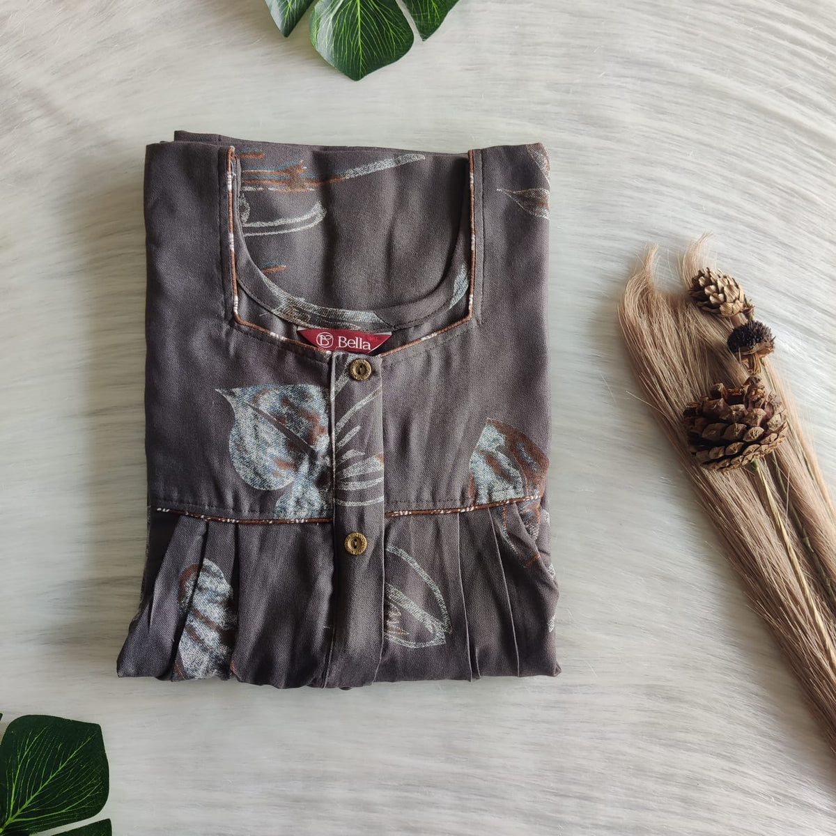 Grey Floral Printed Alfine Button Zip Nighty | Free Size | Chest Width 44″| Length 54″-56″