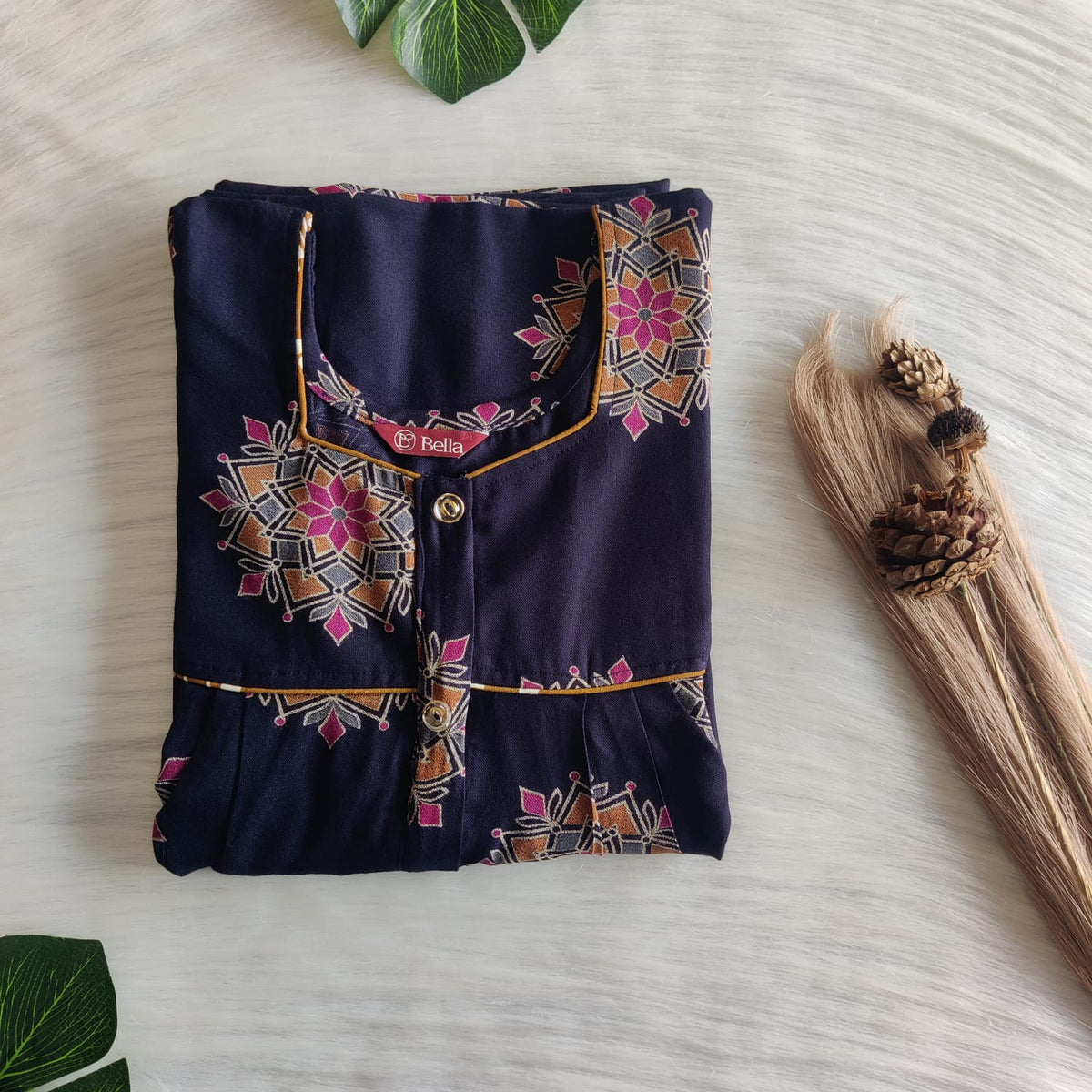 Pink Floral Printed Navy Blue Alpine Plus Size Button Zip Nighty | Free Size | Chest Width 50″| Length 55″-56″