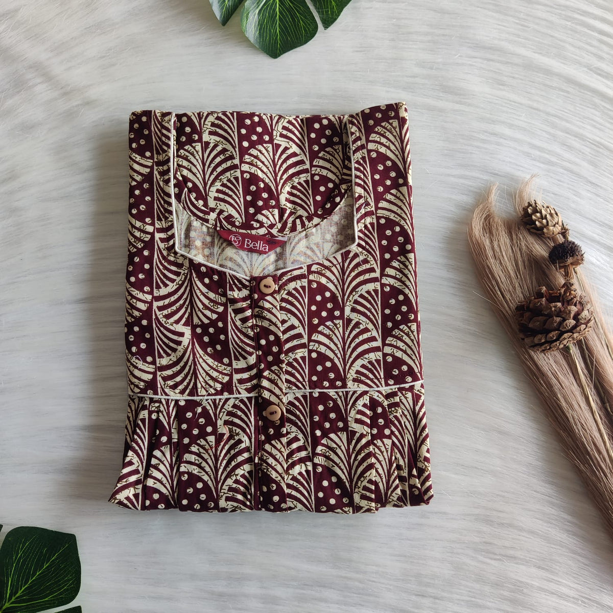 Maroon Printed Cream Gujari Cotton Button Zip Nighty | Free Size | Chest Width 44″| Length 55″-56″