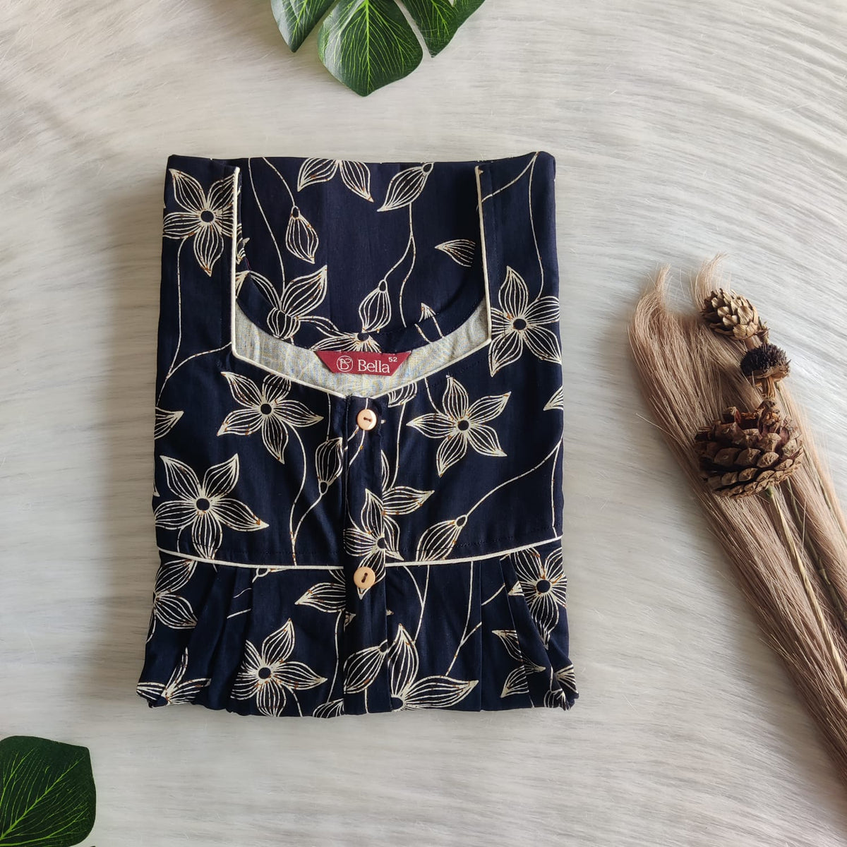 Cream Floral Printed Navy Blue Gujari Cotton Button Zip Nighty | Free Size | Chest Width 44″| Length 55″-56″