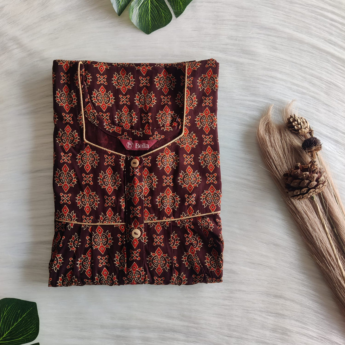 Red Floral Printed Coffee Brown Gujari Cotton Button Zip Nighty | Free Size | Chest Width 44″| Length 55″-56″