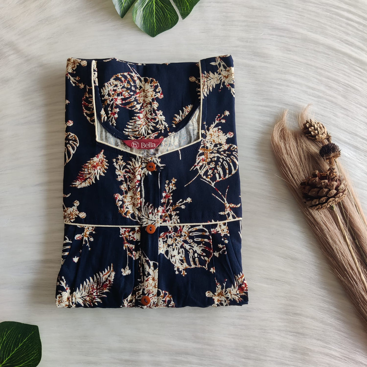 Cream Leaf Printed Navy Blue Gujari Cotton Button Zip Nighty | Free Size | Chest Width 44″| Length 55″-56″
