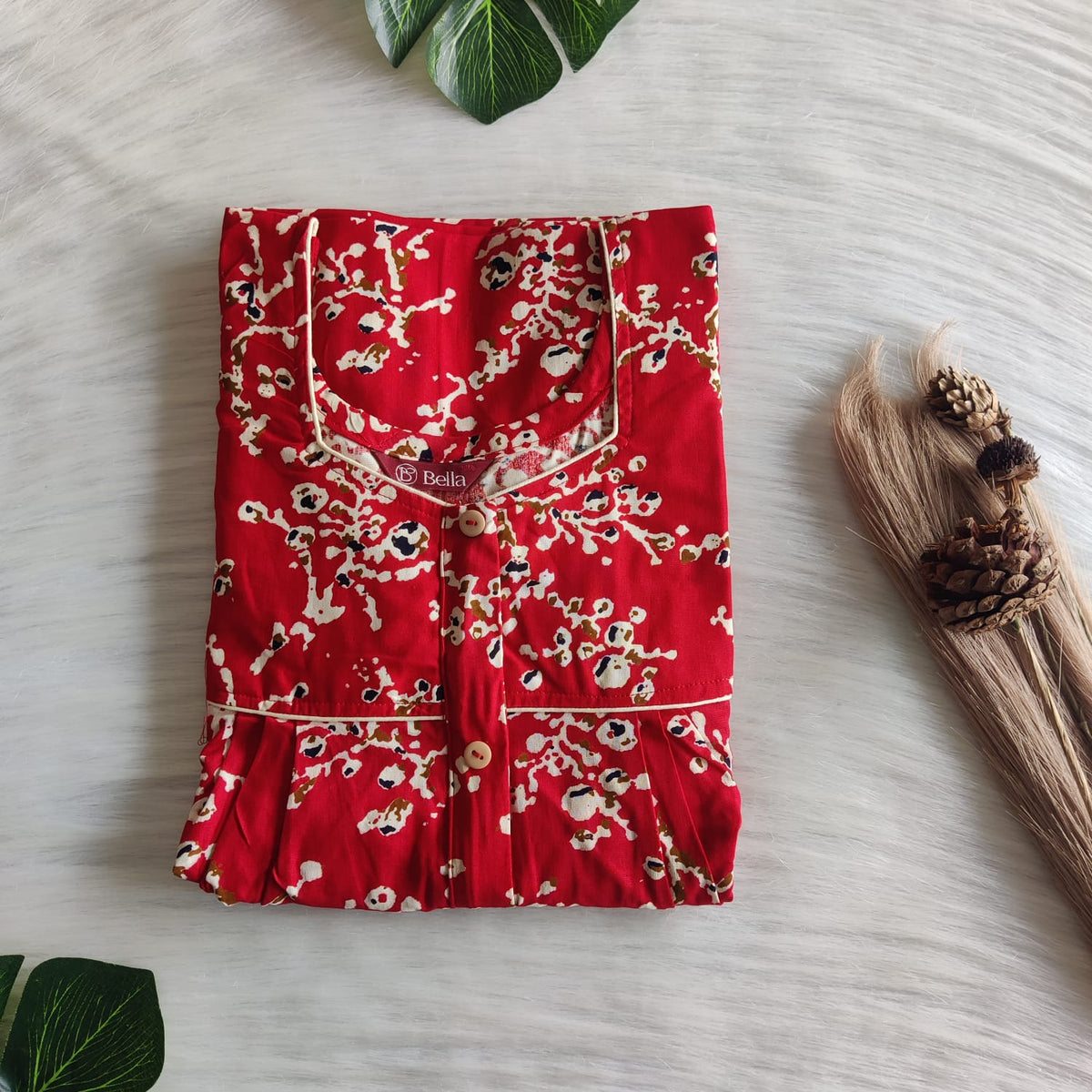 Cream Printed Red Gujari Cotton Button Zip Nighty | Free Size | Chest Width 44″| Length 55″-56″
