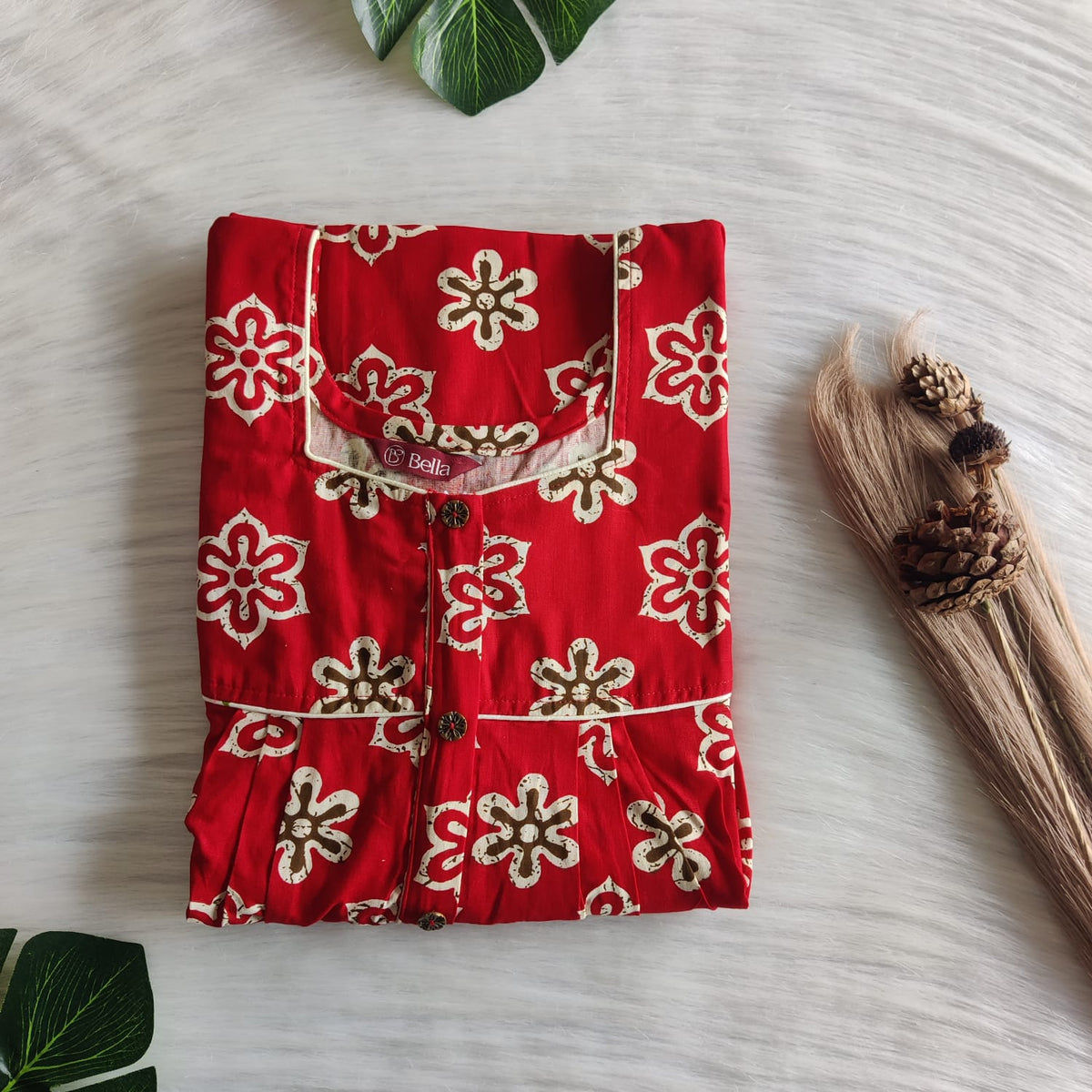 Cream Floral Printed Red Gujari Cotton Button Zip Nighty | Free Size | Chest Width 44″| Length 55″-56″