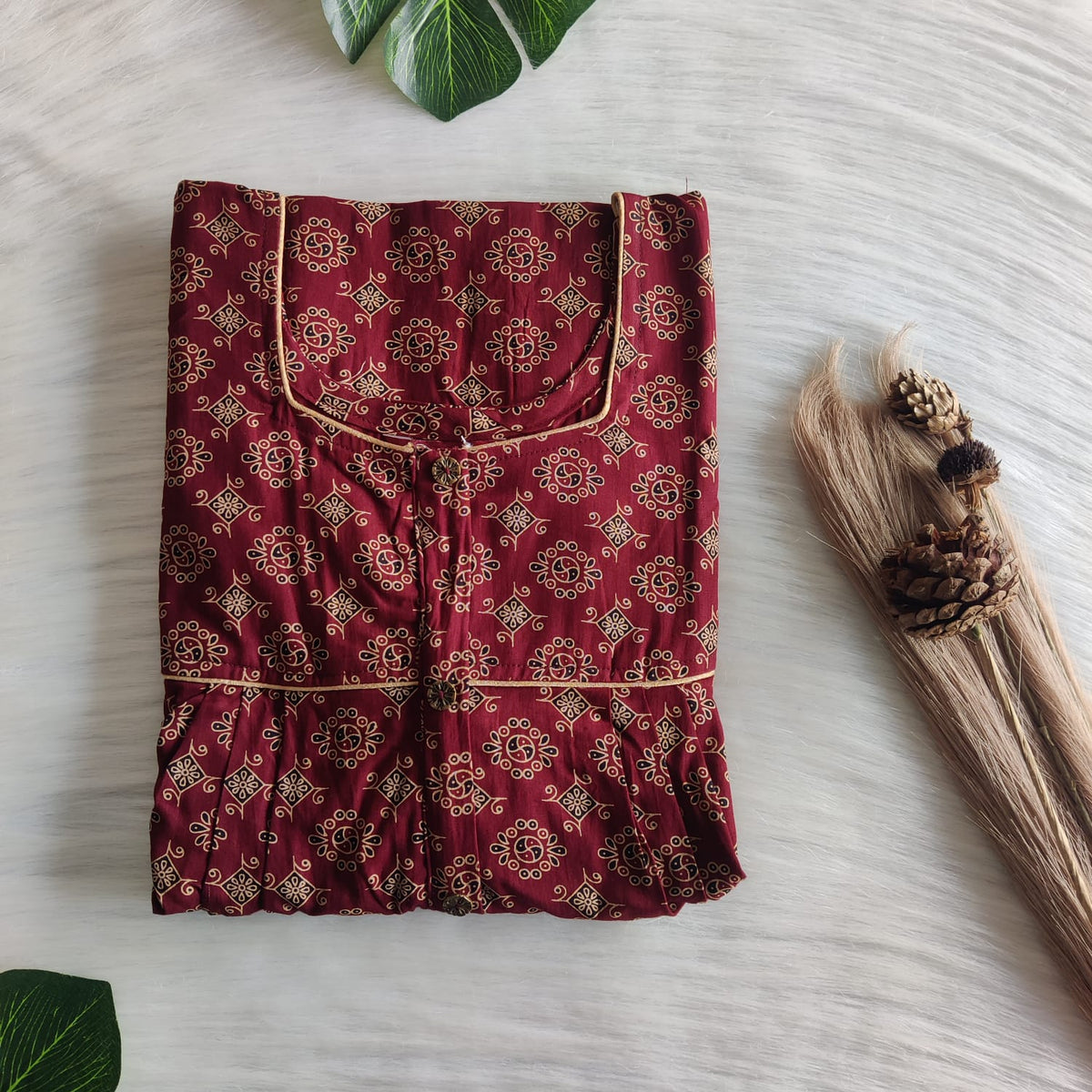 Cream Printed Maroon Gujari Cotton Button Zip Nighty | Free Size | Chest Width 44″| Length 55″-56″