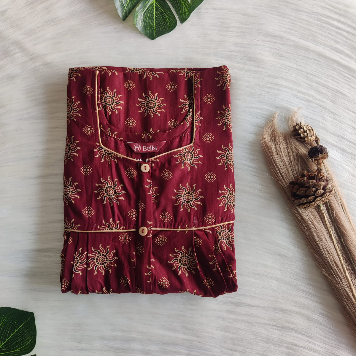 Cream Floral Printed Maroon Gujari Cotton Button Zip Nighty | Free Size | Chest Width 44″| Length 55″-56″
