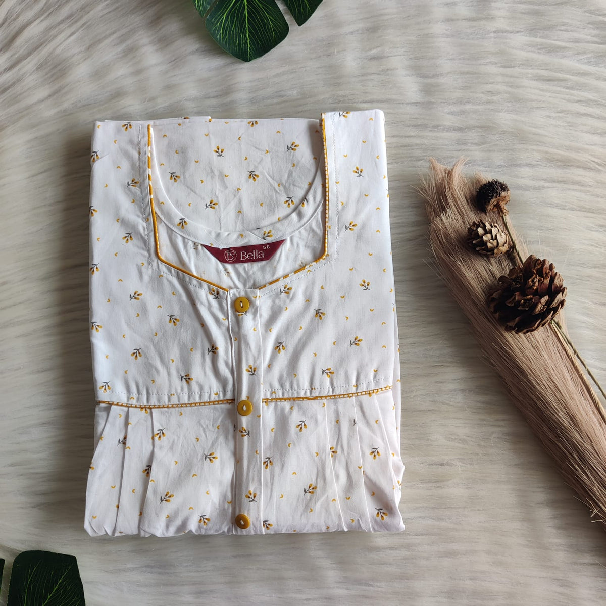 Yellow Floral Printed White Pure Cotton Button Zip Nighty | Free Size | Chest Width 44″| Length 52″