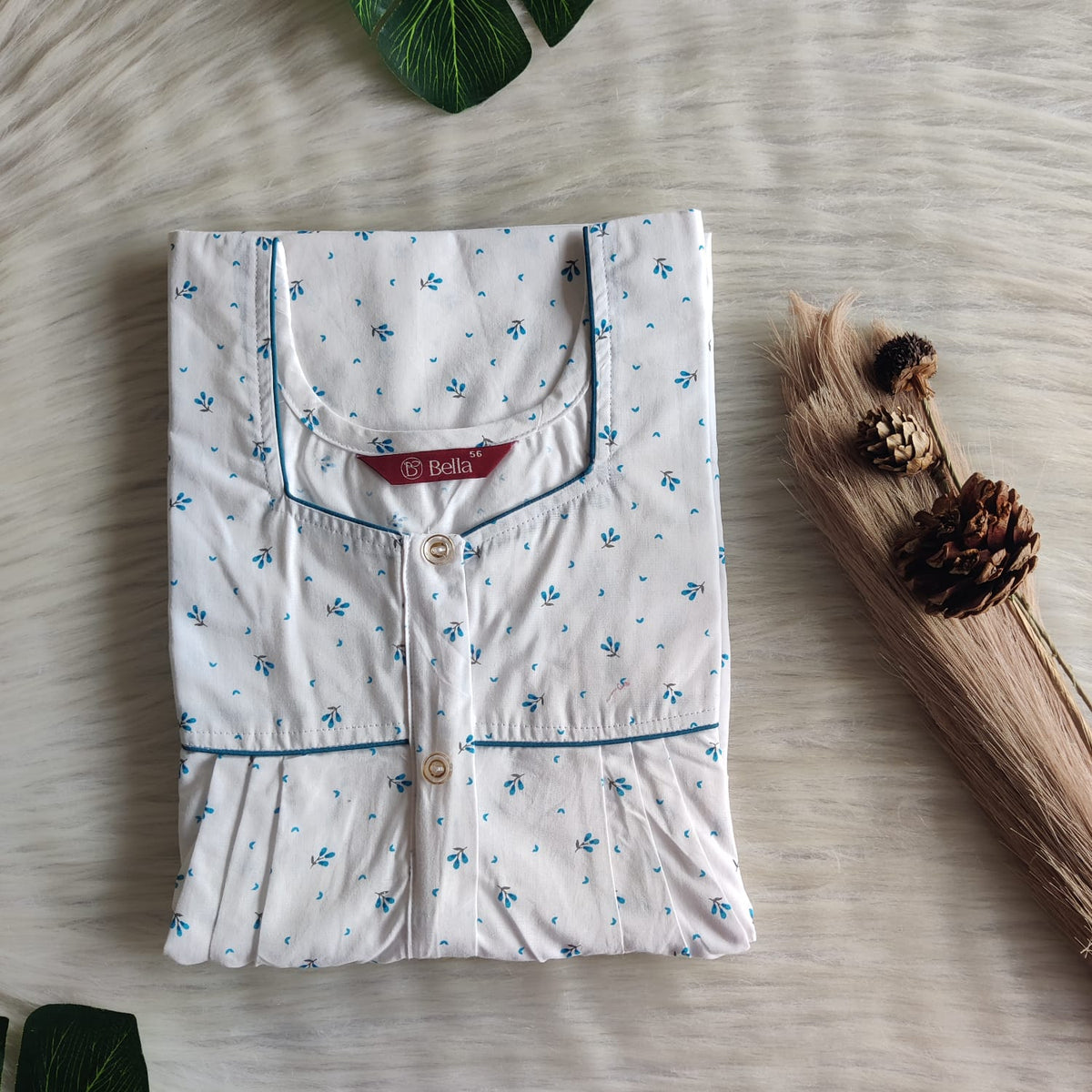 Blue Floral Printed White Pure Cotton Button Zip Nighty | Free Size | Chest Width 44″| Length 54″