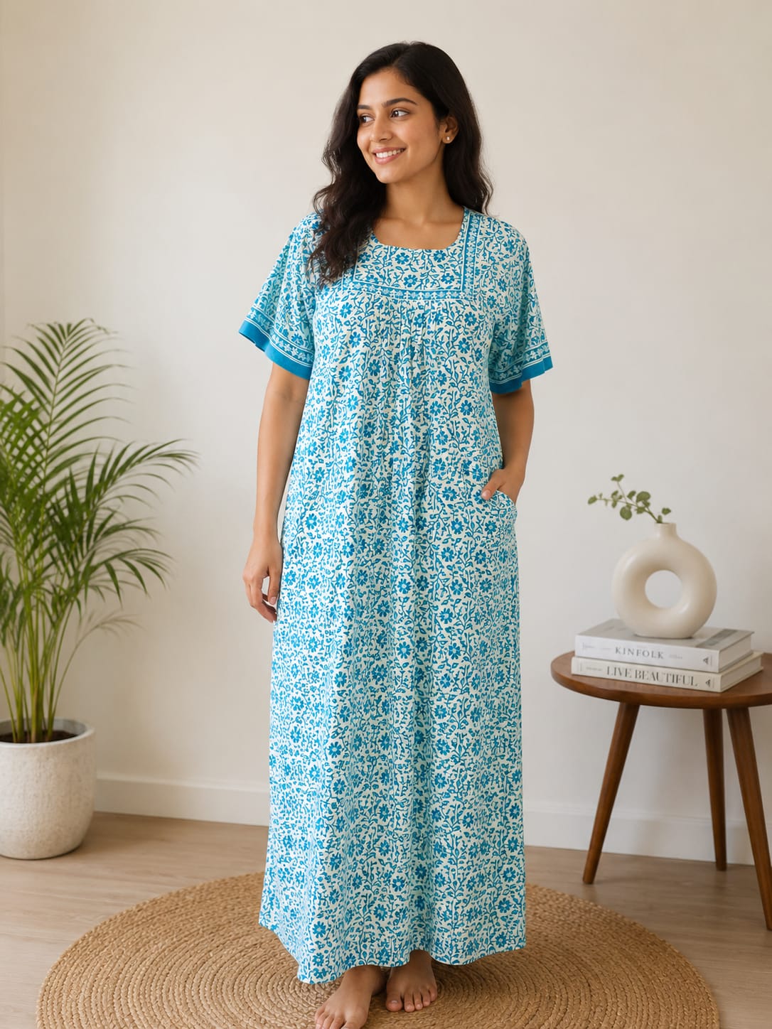 Blue Floral Printed Jaipur Cotton No Zip Pleated Nighty | Free Size | Chest Width 44″| Length 56″