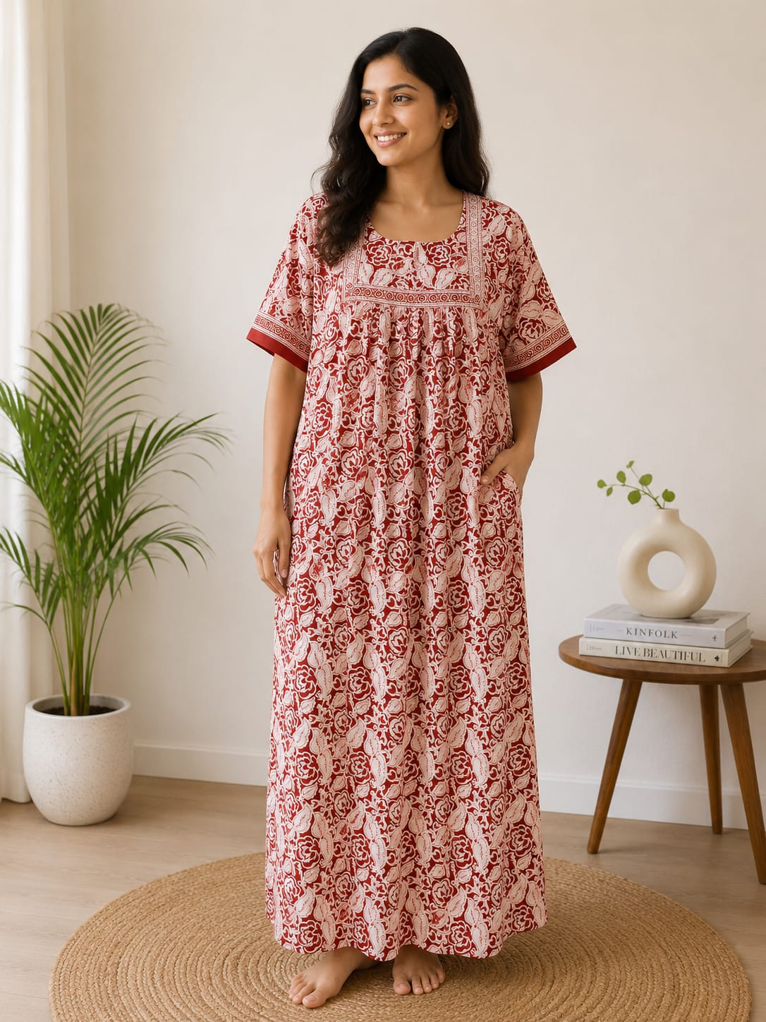 White Floral Printed Rust Brown Jaipur Cotton No Zip Pleated Nighty | Free Size | Chest Width 44″| Length 56″