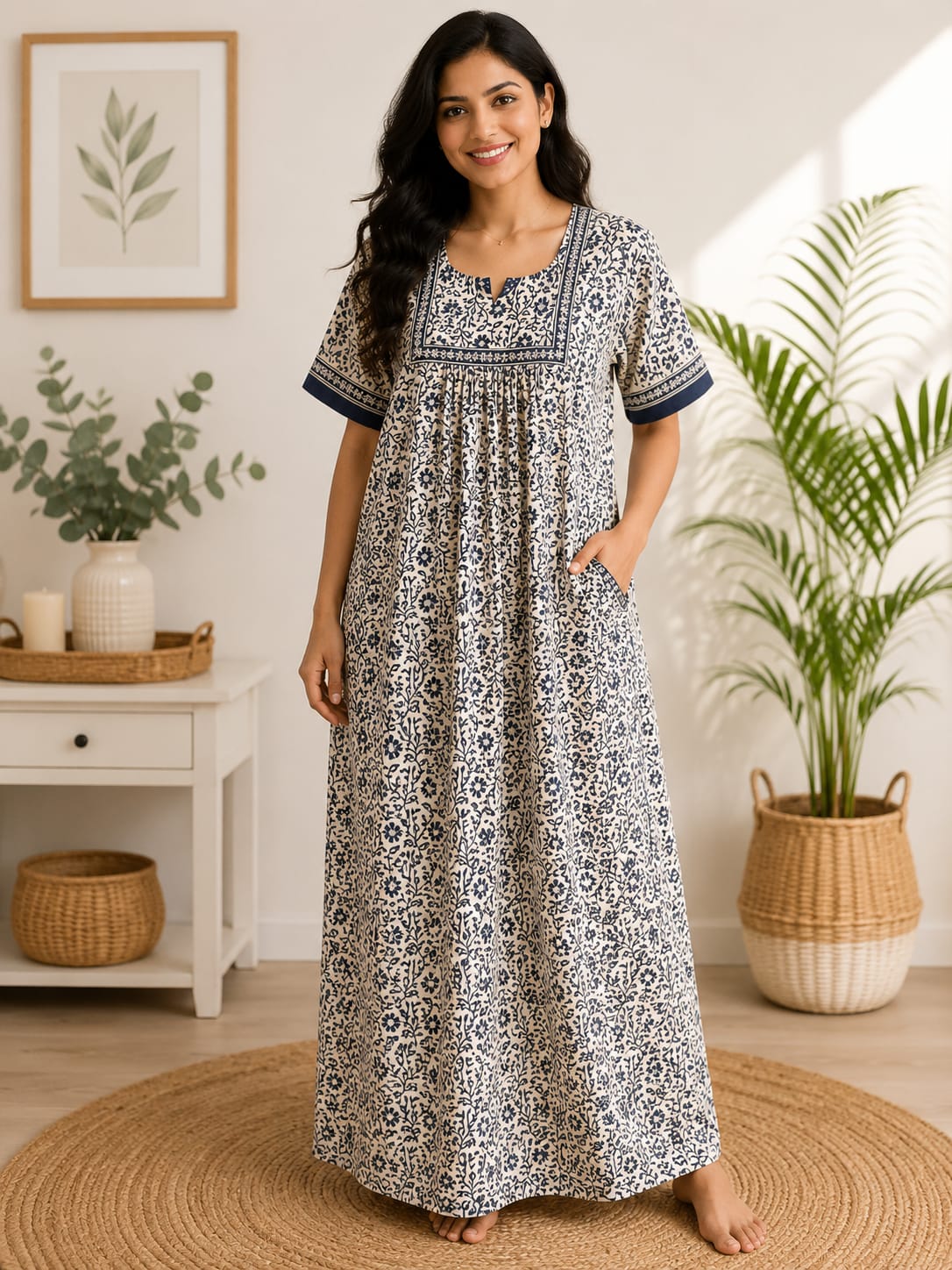 Grey Floral Printed Jaipur Cotton Plus Size No Zip Pleated Nighty | Chest Width 50″| Length 56″
